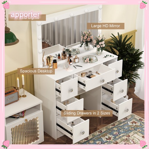 11 Lampadine LED Specchio Comodino 7 Cassetti Vanità Set Trucco Scrivania per Regali - Foto 9 di 12
