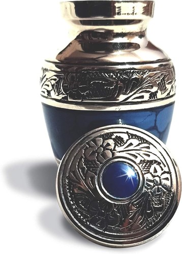 Elegant Blue Brass Keepsake Urn with Velvet Heart Case - 3 Tablespoon Capacity - Picture 10 of 10