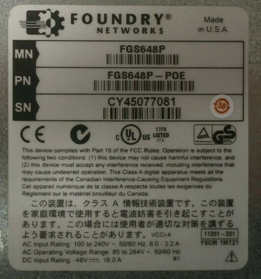 Foundry FastIron GS 648P-PoE 48-Port Gigabit Ethernet + 4x SFP Ports FGS648P-PoE - Image 3 of 3