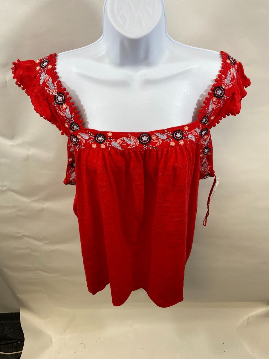 STYLE & COMPANY Womens Red Flutter Floral Sleeveless Square Neck