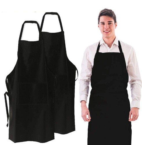 Solid Cooking Kitchen Restaurant Bib Apron Unisex Dress Black with 2 Pockets USA - Picture 2 of 10