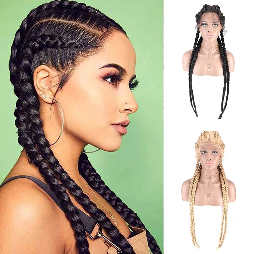 Women's Long Lace Front Braided Wigs With Baby Hair Black Double Box Braids  Wigs | eBay