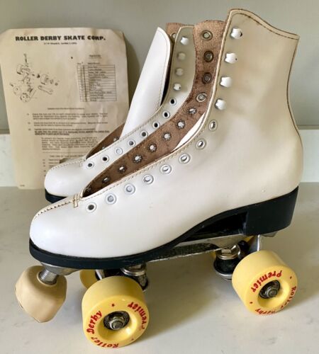Vintage Premier 985 Roller Derby Indoor Rink White Boot Shoe Skates Women 7 USA