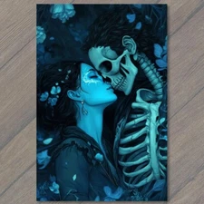 Art Print Skeleton Kissing Woman in Blue Fantasy Romantic Gothic Style Design