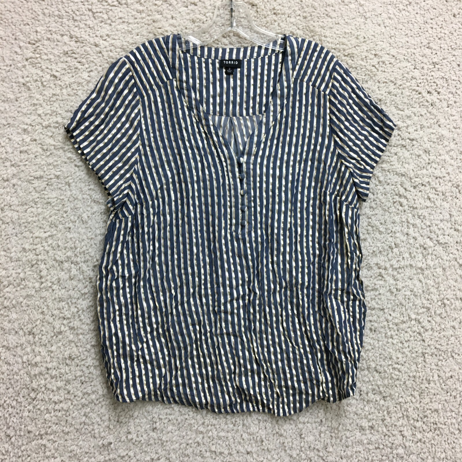 Torrid Top 2X Adult Plus Blue Striped Metallic V Neck Blouse Short Sleeve Womens