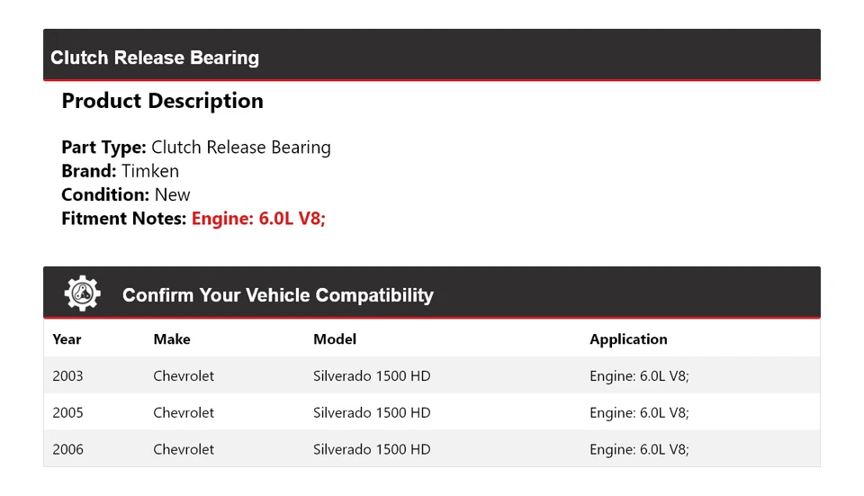 适用于 2003 年,2005 - 2006 年雪佛兰索罗德 1500 高清离合器释放轴承铁姆肯公司 — 第 2/4 张图片