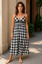 Women Summer Dress Black and White Buffalo Plaid Print Spaghetti Strap Long Maxi