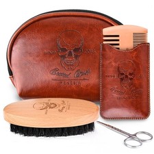 Beard Brush and Comb Set Boar Bristle Small Leather Travel Bag Wooden Comb