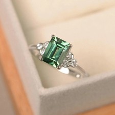 Lab green sapphire ring, sterling silver wedding ring, green emerald cut gemston