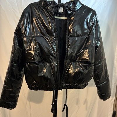 H&M Divided Ladies Shiny Padded Cropped Puffer Jacket Black Size Small