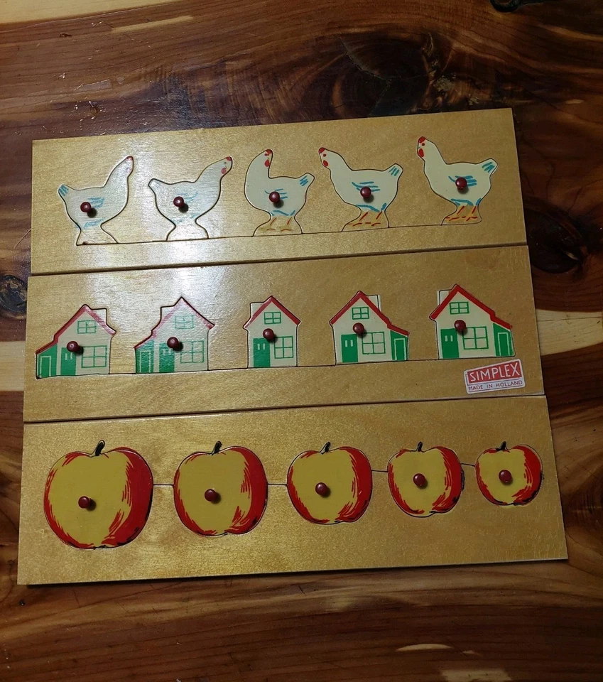 Lot Of 3 Simplex Vintage Wood Puzzles Holland Chickens Houses Apples - Red Bead - Image 2 of 4