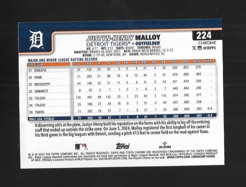 2025 Topps Chrome JUSTYN-HENRY MALLOY RC Purple Wave #d 225/250 - DETROIT TIGERS - Imagen 2 de 2
