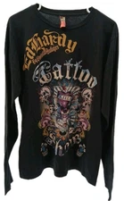 ED Hardy Christian Audigier Shirt Men's Large Black Tattoo Show Love Kills Y2K