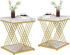 Tribesigns Square End Table White Gold 2-Tier Side Table Modern Small Bedside