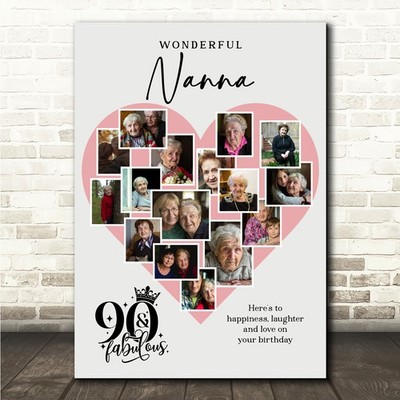 Fotocollage 90. Geburtstag Geschenk für Nanna 16 Fotos rosa Herz Druck oder Leinwand