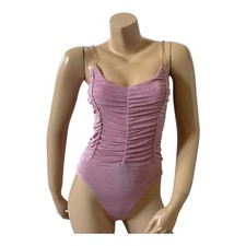 JUST POLLY Bodysuit Size Medium NWT Pink Stretch Ruched Chain Strap Clubwear Top