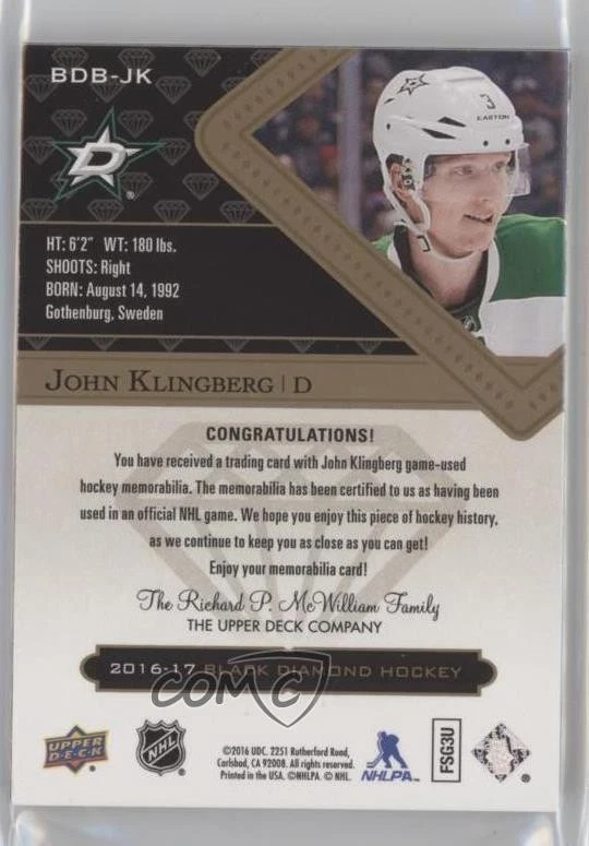 2016-17 Upper Deck Black Diamond Relics /149 John Klingberg #BDB-JK - Image 2 of 2
