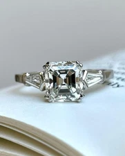Three Stone 2 Ct White Asscher Cut CZ Antique Art Deco Wedding 925 Silver Ring