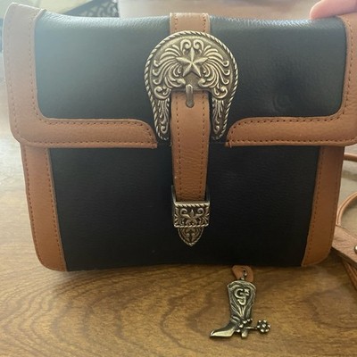 Vintage Western Leather Shoulder Strap wallet purse Black & Tan Silver Buckle