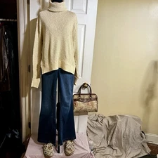We The Free Wms Butter Yellow Beige Cotton Textured Cozy Turtleneck Sweater XS