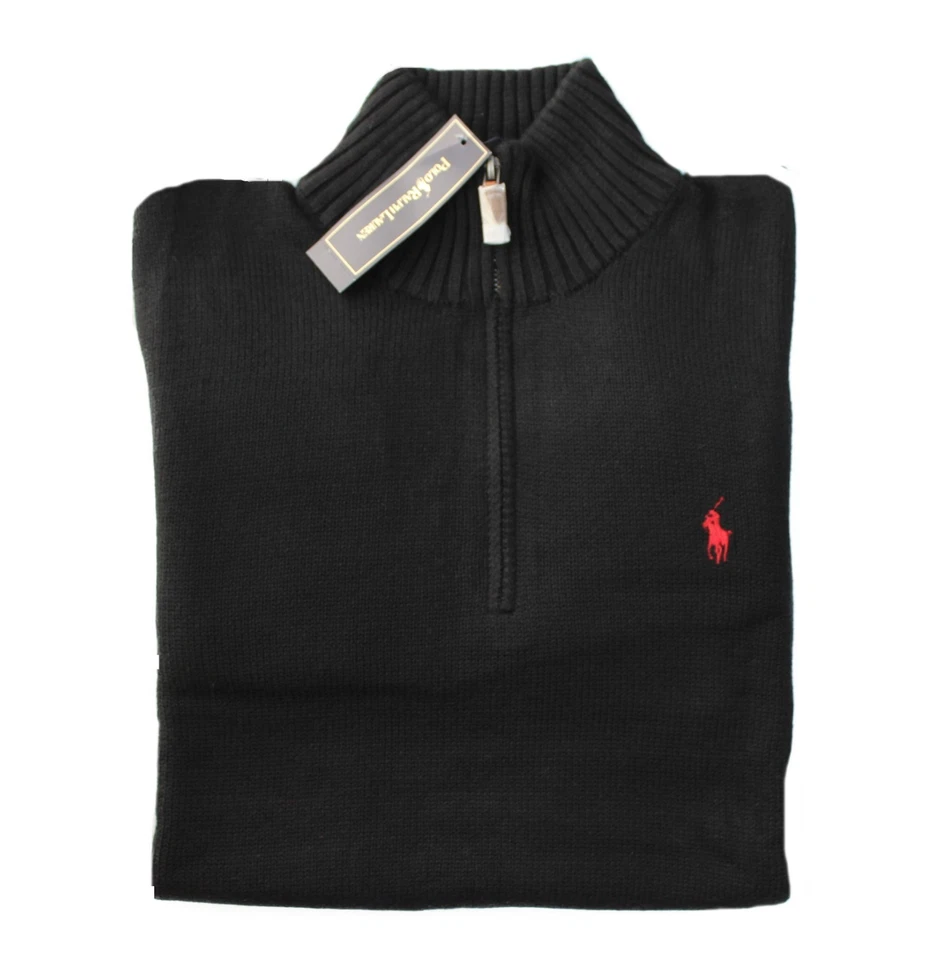 *NEW - POLO RALPH LAUREN MENS CLASSIC ½ Zip COTTON SWEATER : BLACK  S - XL - Image 3 of 4