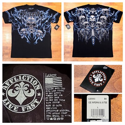 New! Affliction Live Fast Ice Inferno Skulls Graphic T-Shirt Mens Sz Large Black