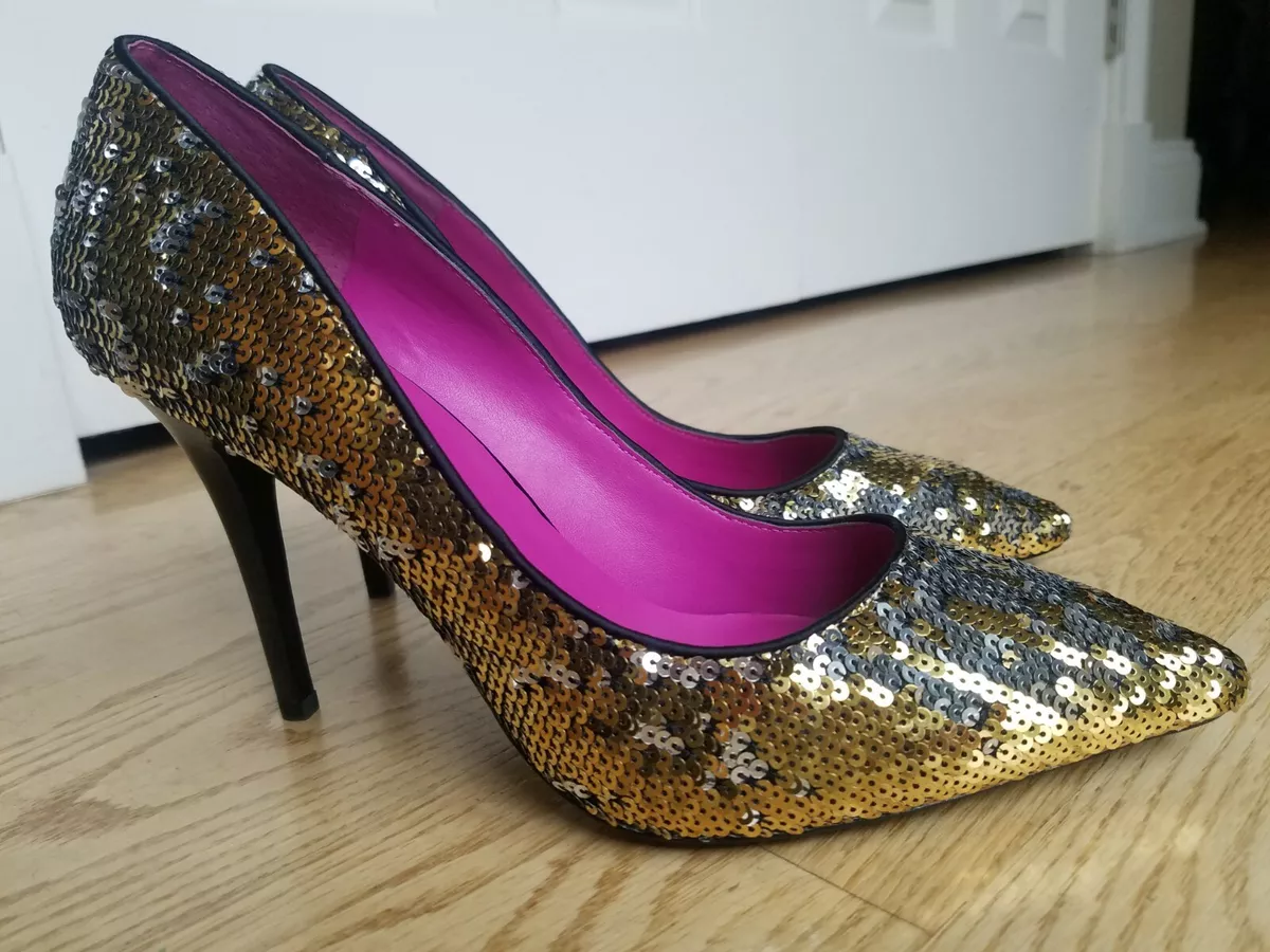 NEW TRINA TURK GOLD SILVER SEQUIN STILETTO PUMP SHOES HEELS SIZE 8 US