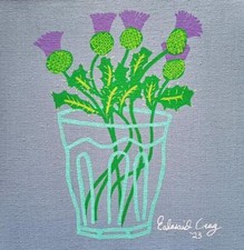 Thistles in Tumbler : Scottish Oil Painting Colourist EALASAID CREAG 10" X 10"