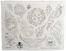 Tattoo Studio Shop Line Work Only 11" X 14" Paper Print Tiger, Peace, Cross, Eye