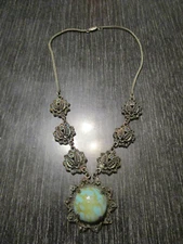 VTG Victorian Revival Turquoise Glass Cabochon Filigree Drop Pendant Necklace!