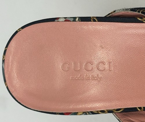 Vintage GUCCI Satin Crisscross Heels Sandals 7.5 Black Techno Charms Print Slip - Picture 9 of 13