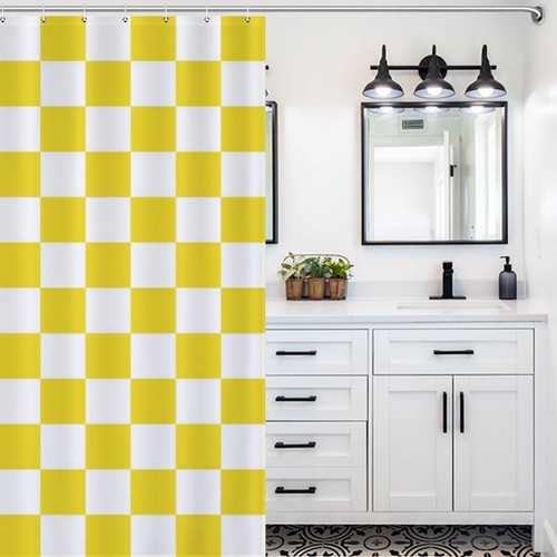 Checkered Shower Curtain Yellow Shower Curtains for Bathroom Cute Retro Check... - Picture 3 of 6