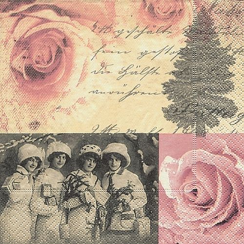 VIER DAMEN / ROSEN TANNE / 4 LOSE SERVIETTEN / 33 X 33 / VINTAGE SCHRIFT COLLAGE
