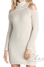 ELAN Beige Tan Turtleneck Cold Shoulder Sweater Dress Tunic Small