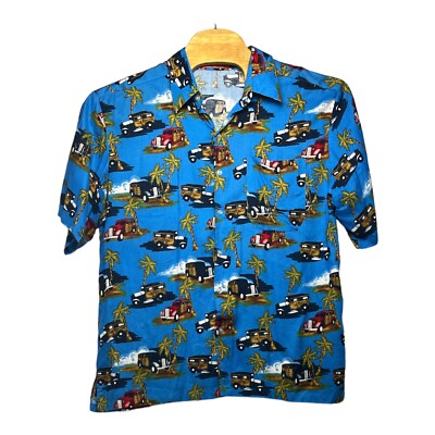 Sun Fusion Mens Blue Palm Tree Car Beach Hawaiian Button Up Shirt Size X-Large