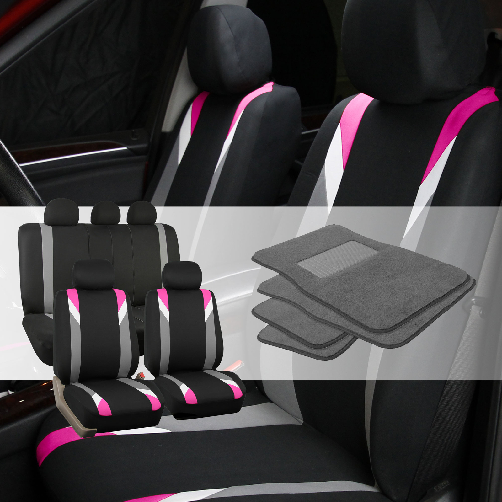 Car Seat Cover Set For Auto Sporty PINK W/ 4PC Gray Carpet Floor Mats-image