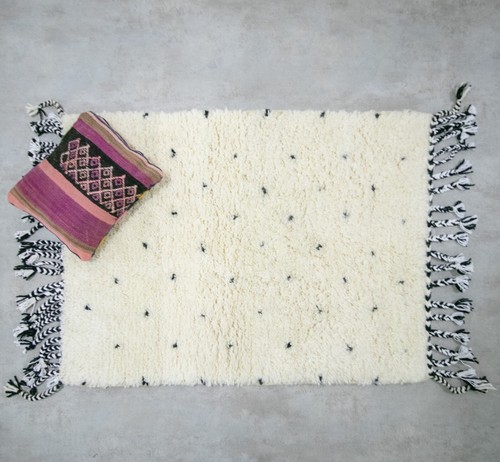 Small Beni Ourain Rug Black Polka Dots, Monochrome Moroccan Rug Fluffy Wool mat