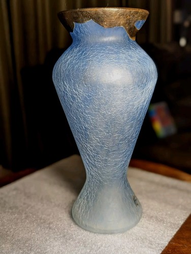 Large Vase Hand Made In Romania Frosty Blue Glass & Brass Accents Romblast VTG - Picture 14 of 22