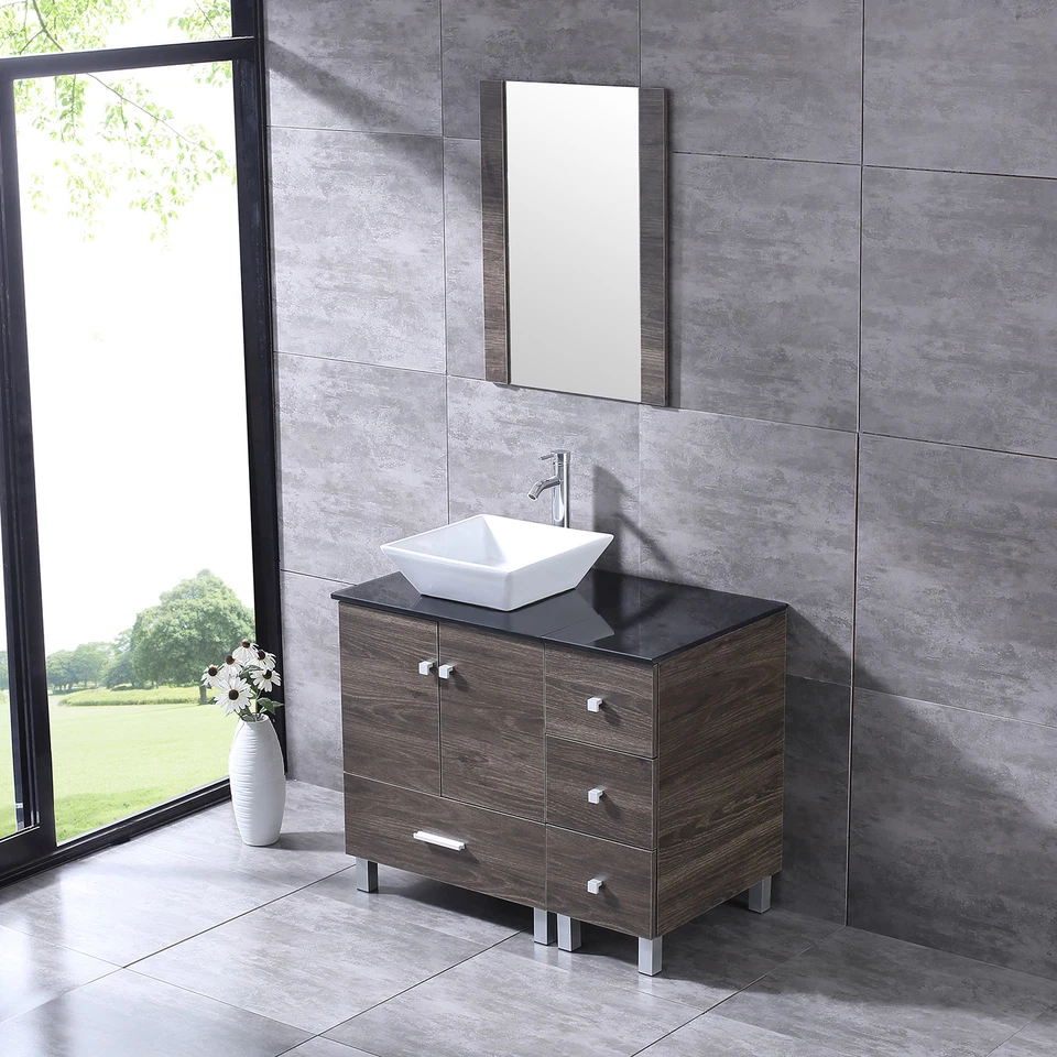 Mueble individual tocador de baño de 36 pulgadas 4 fregaderos de cerámica con juego de tapa de vidrio negro marrón Foto 3 de 4