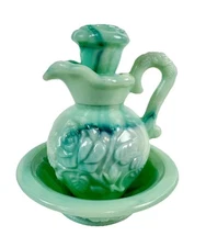 Avon Mini Pitcher and Bowl Set Glass Aqua Swirl Milk Decanter Lid 1986 Vintg B73