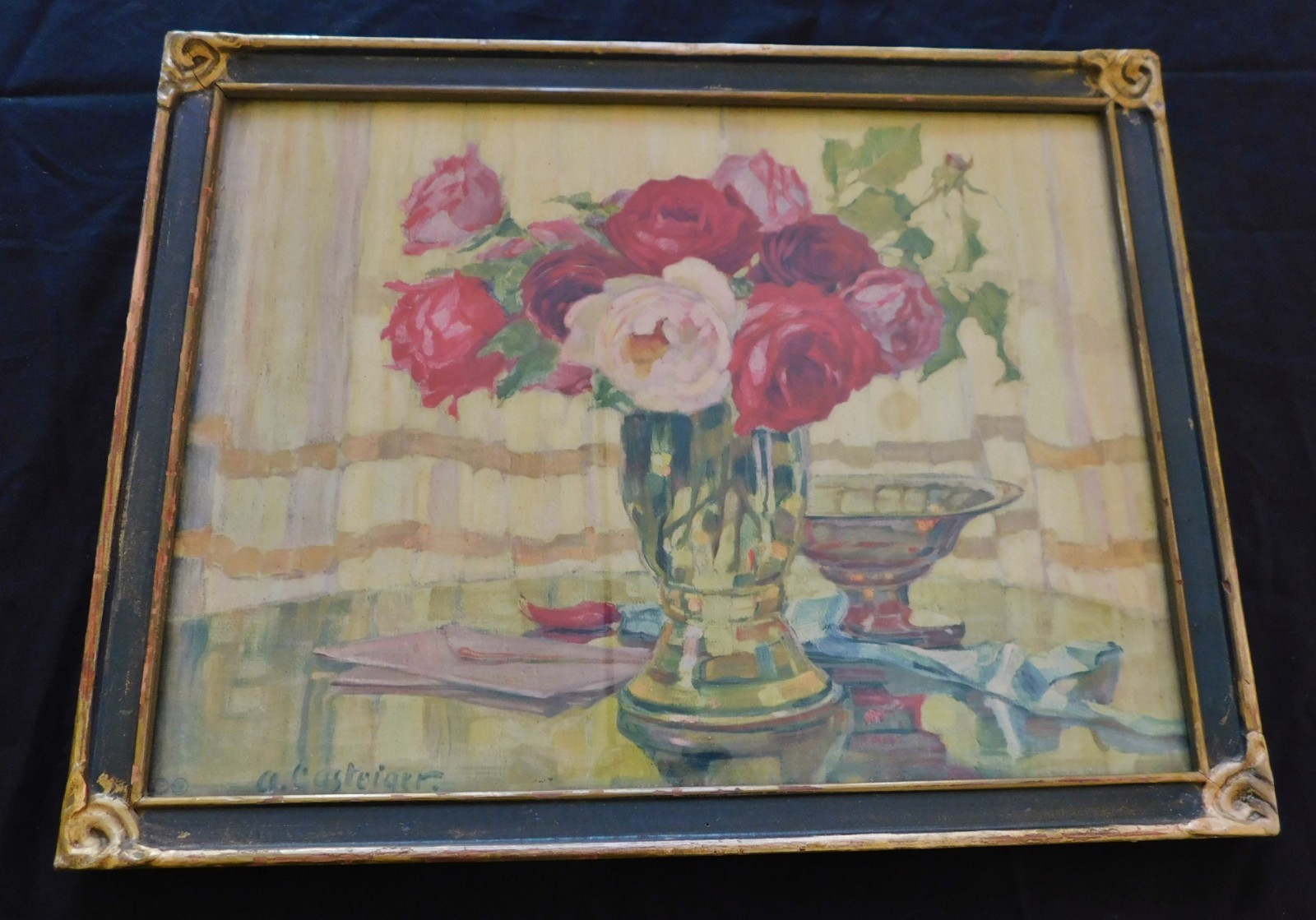 Antique C. 1925 Pie Crust Frame with Glass and Litho Print Fits 12 x 16