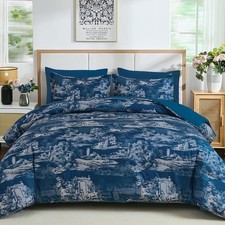 Navy Blue King Size Comforter Set Bed in a Bag Farmhouse 7 Piece Piece Bedding