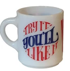 Vintage Milk Glass, CoffeeTea Mug," VOTE"" TRY IT YOU’LL LIKE IT Patriotic