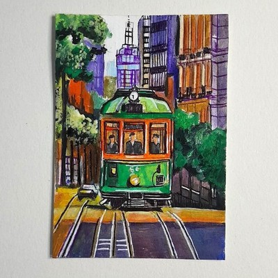 Original ACEO Painting Green Tram Streetcar Urban Cityscape Miniature Art OOAK