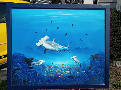 #ad Hammerhead Shark original hand painted canvas fish painting SOLD BY ARTIST $329.00
