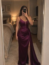 Women’s Purple Satin Long Gown Dress S V-Neck Strappy Ruched Zip Slit