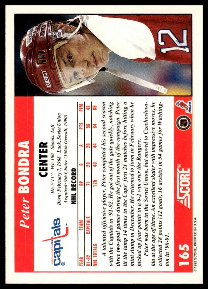 1992-93 Score #165 Peter Bondra - Image 2 of 2