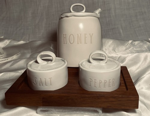 New-Rae Dunn Ceramic Honey Jar, Spoon & Lid/Set of Salt & Pepper Cellars