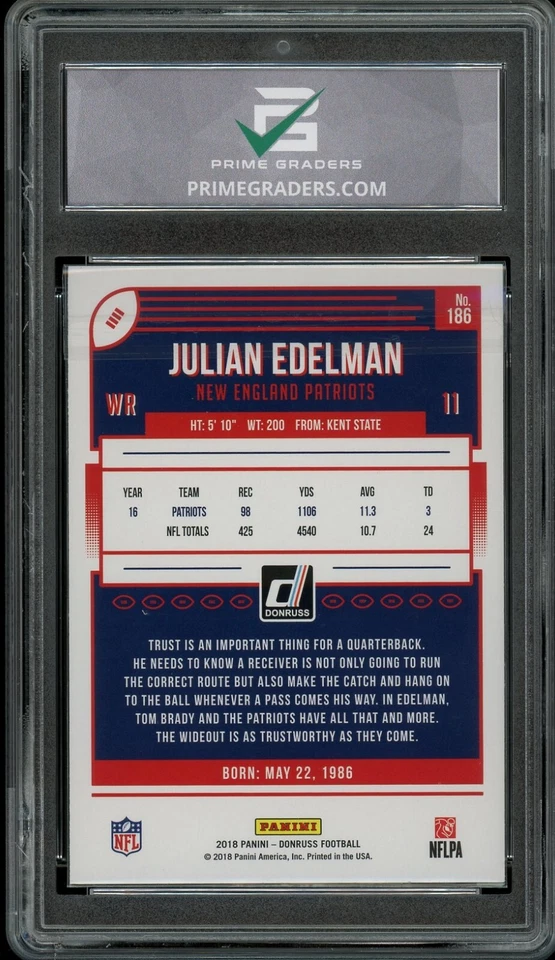 2018 Panini Donruss Julian Edelman GRADED 10 Gem Mint #186 New England Patriots - Image 2 of 2