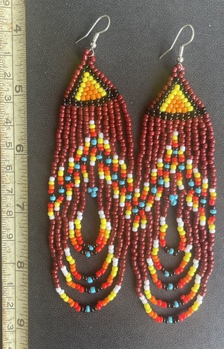 Boho Western Style Tribal Seed Bead Beaded Earrings Fringe Tassel Long - Picture 2 of 2